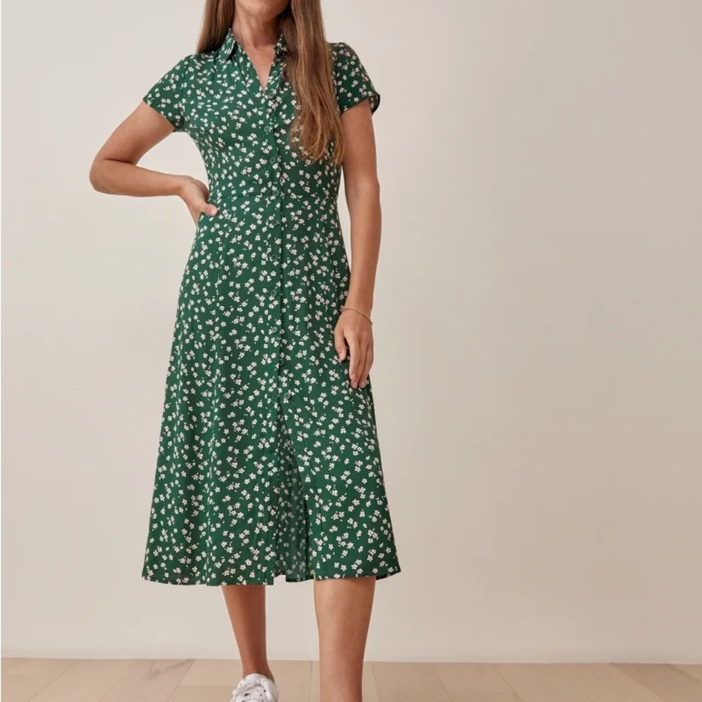 nwt Reformation Green Floral Button-Down Midi Dress
